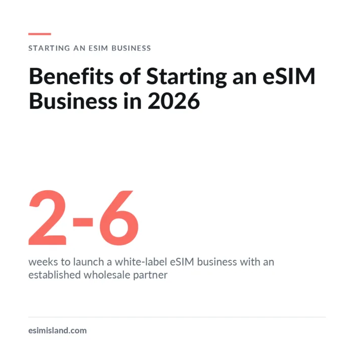 Card titled Benefits of Starting an eSIM Business in 2026, with the figure 2 to 6 weeks for launching a white-label eSIM business with an established partner.