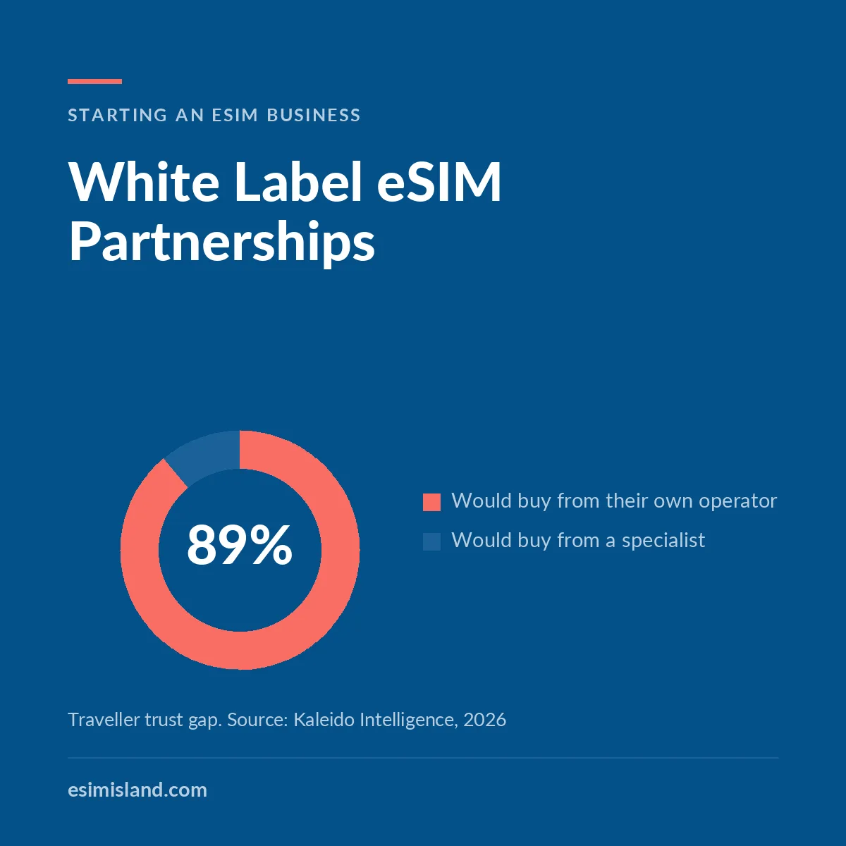 Navy card titled White Label eSIM Partnerships, with a ring chart showing 89% of travellers prefer to buy a travel eSIM from their own operator.